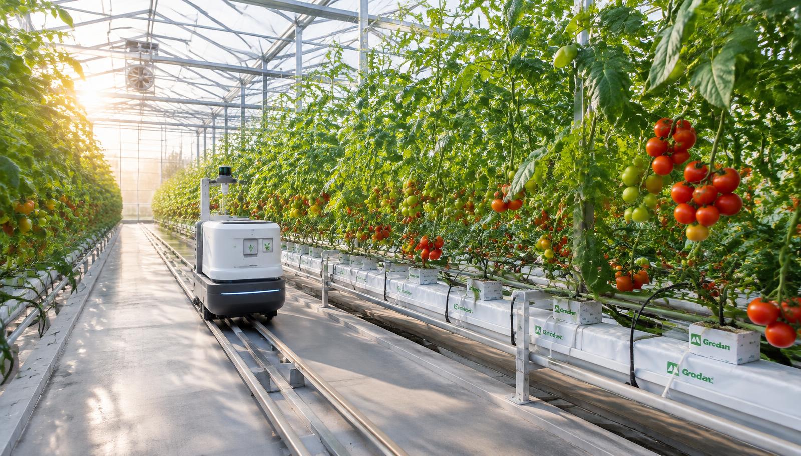 Robot driving through a greenhouse with tomato plants